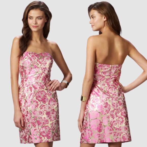 Lilly Pulitzer Raya Strapless Gold Floral Jacquard Dress Size 6 EUC $328 Fancy - Picture 2 of 11